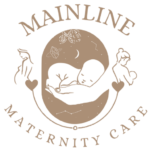 Mainline Maternity Care Logo, Brown; Two babies and two women connected.