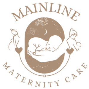 Mainline Maternity Care Logo, Brown; Two babies and two women connected.