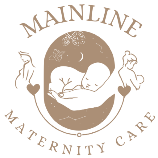 Mainline Maternity Care Logo, Brown; Two babies and two women connected.