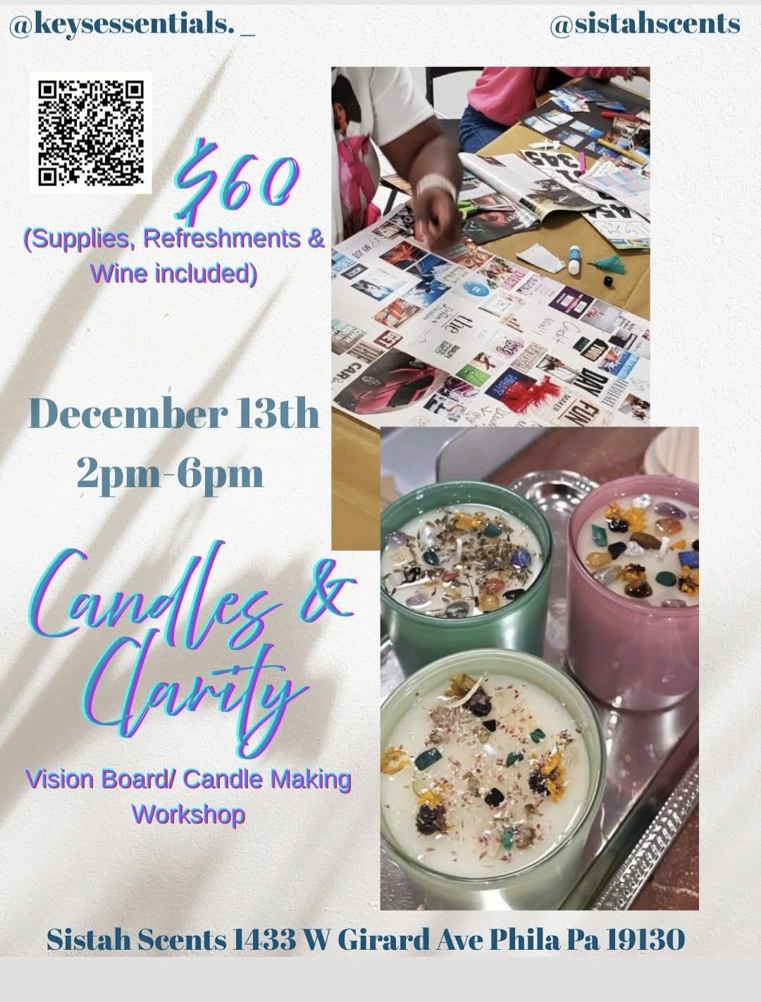 Candle making workshop flyer with date, time, and price details.