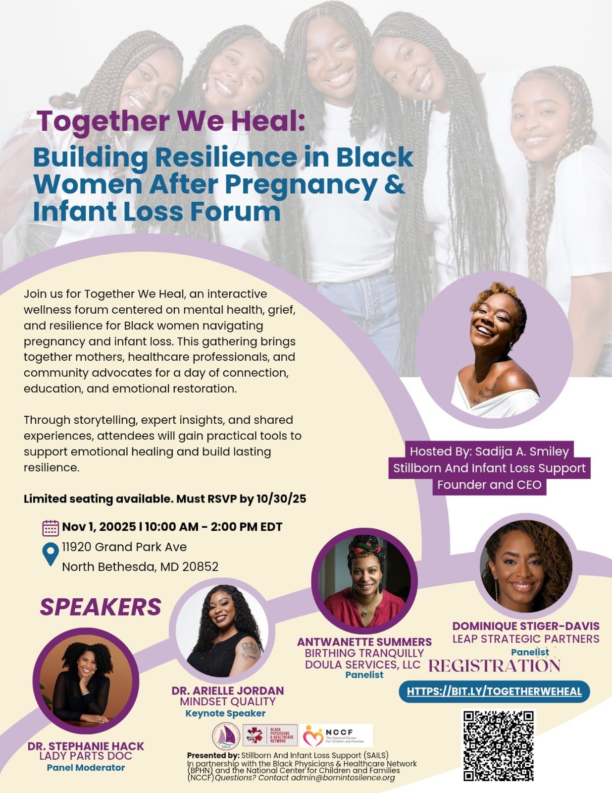Event poster for 'Together We Heal' on Black women's health after pregnancy and infant loss.